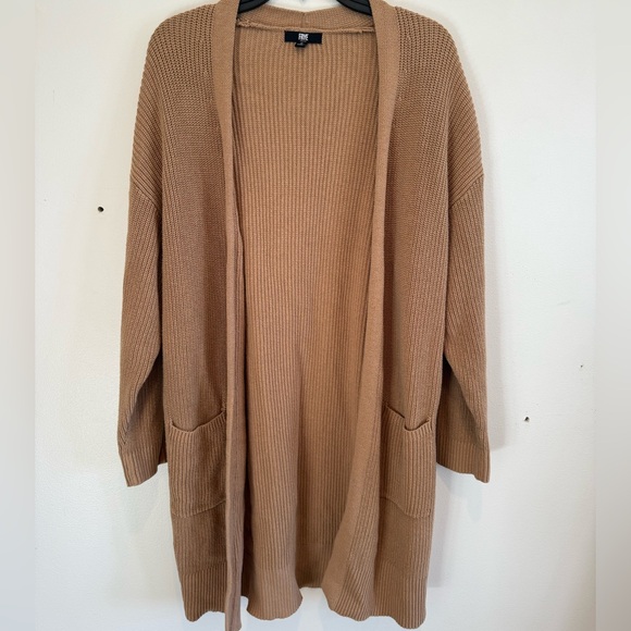 Frye Long Open Front Cardigan Pockets Brown Sweater Minimalist Cotton Duster  - threedaughtersproperties.com